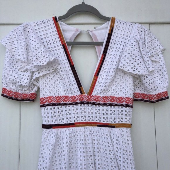 UO Madiera White Eyelet V Neck Midi Dress XS - Picture 3 of 12